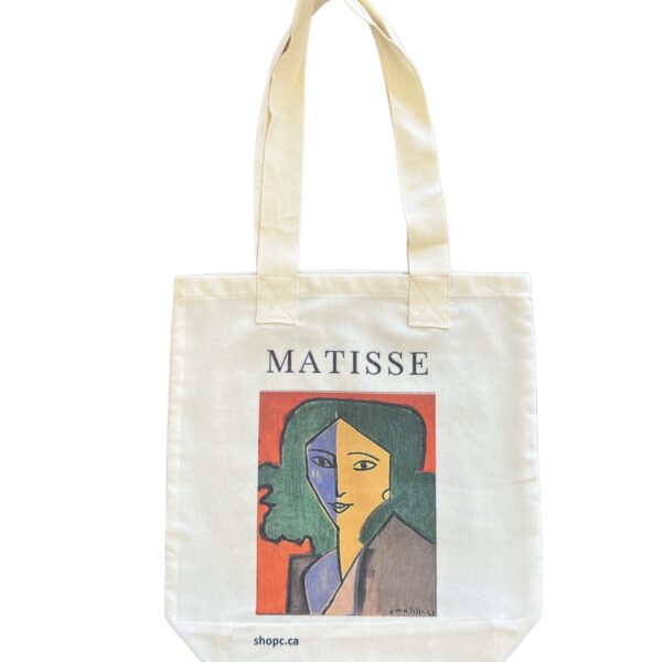 Tote bag featuring Henri Matisse’s Portrait of Lydia Delectorskaya, showing a poised woman in soft blue tones and simplified lines.