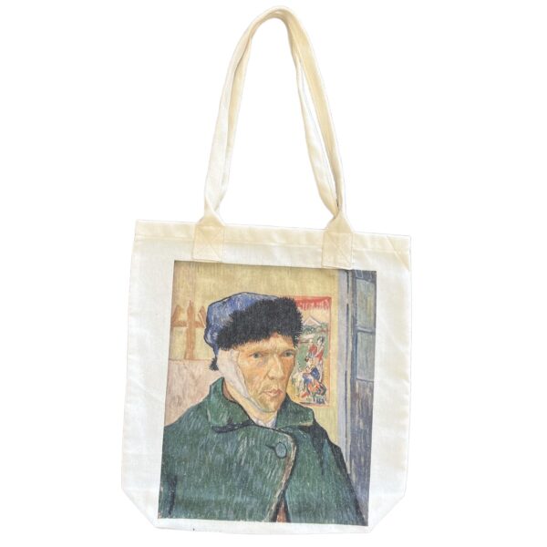 Tote bag featuring Van Gogh’s Self-Portrait with Bandaged Ear, showing the artist in a green coat and fur hat, facing left, with a Japanese print in the background.