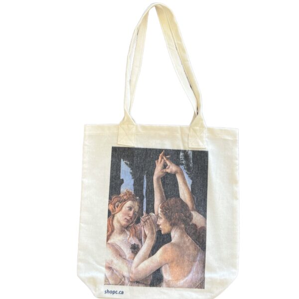 Natural cotton tote bag featuring Botticelli’s Primavera detail of The Three Graces—three mythological women dancing with intertwined hands against a woodland background.