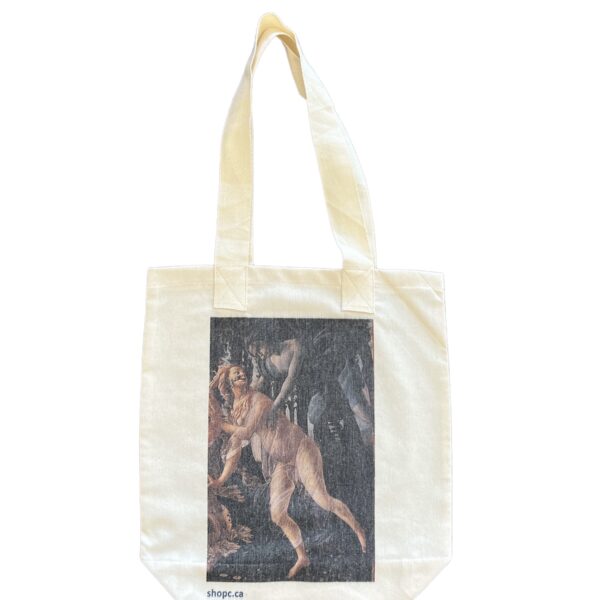 Canvas tote bag featuring a detail from Botticelli’s Primavera showing Zephyrus reaching for Chloris, in a symbolic scene of transformation and springtime mythology.