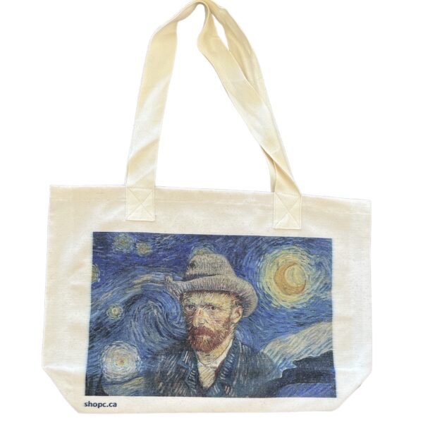 Tote bag featuring a self-portrait of Van Gogh seamlessly blended into the swirling blue and yellow night sky of The Starry Night.