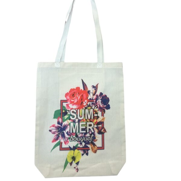 White cotton tote bag with the word “Summer” written in a fun font surrounded by colorful floral illustrations.