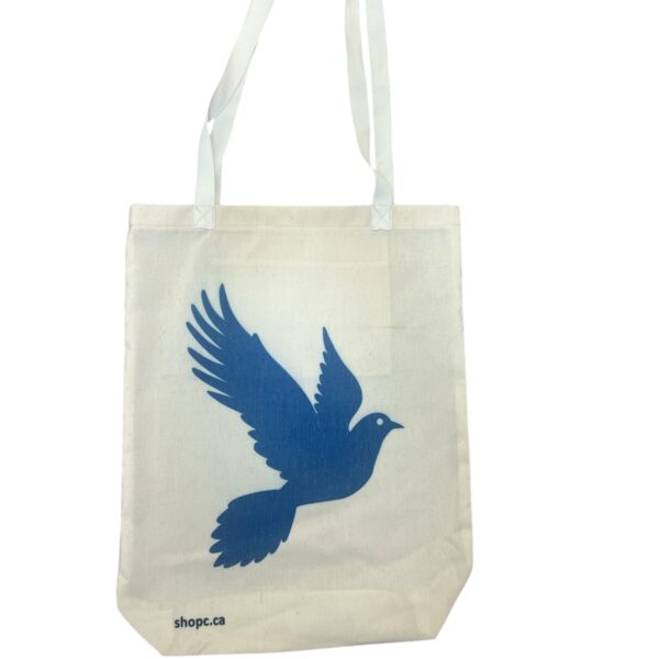 White cotton tote bag with a soft blue dove illustration symbolizing peace and calm.