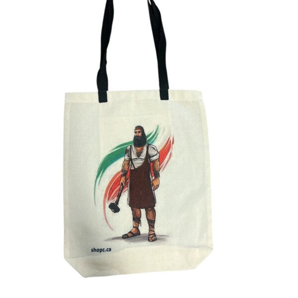 Cotton tote bag featuring an artistic depiction of Kaveh Ahangar, the legendary Persian blacksmith and hero of justice from the Shahnameh.