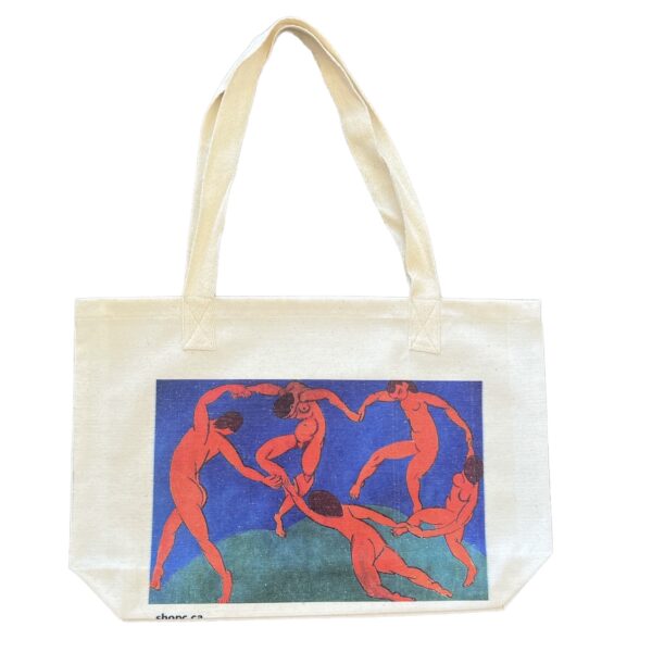 Tote bag featuring Matisse’s Dance painting, with five red nude figures dancing in a circle on a green hill with a deep blue background.