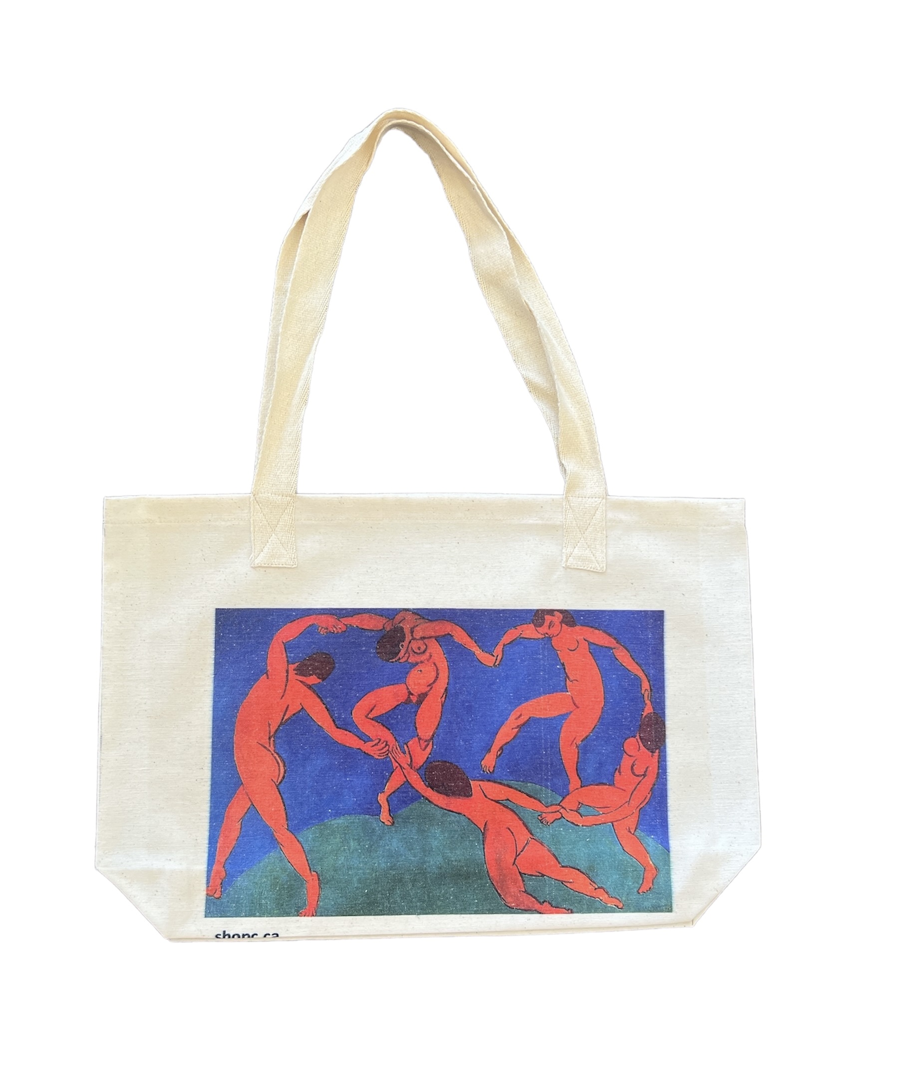 Tote bag featuring Matisse’s Dance painting, with five red nude figures dancing in a circle on a green hill with a deep blue background.