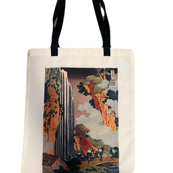Tote bag featuring Hokusai’s Ono Waterfall, showing a large vertical waterfall surrounded by cliffs and small figures admiring the scene.