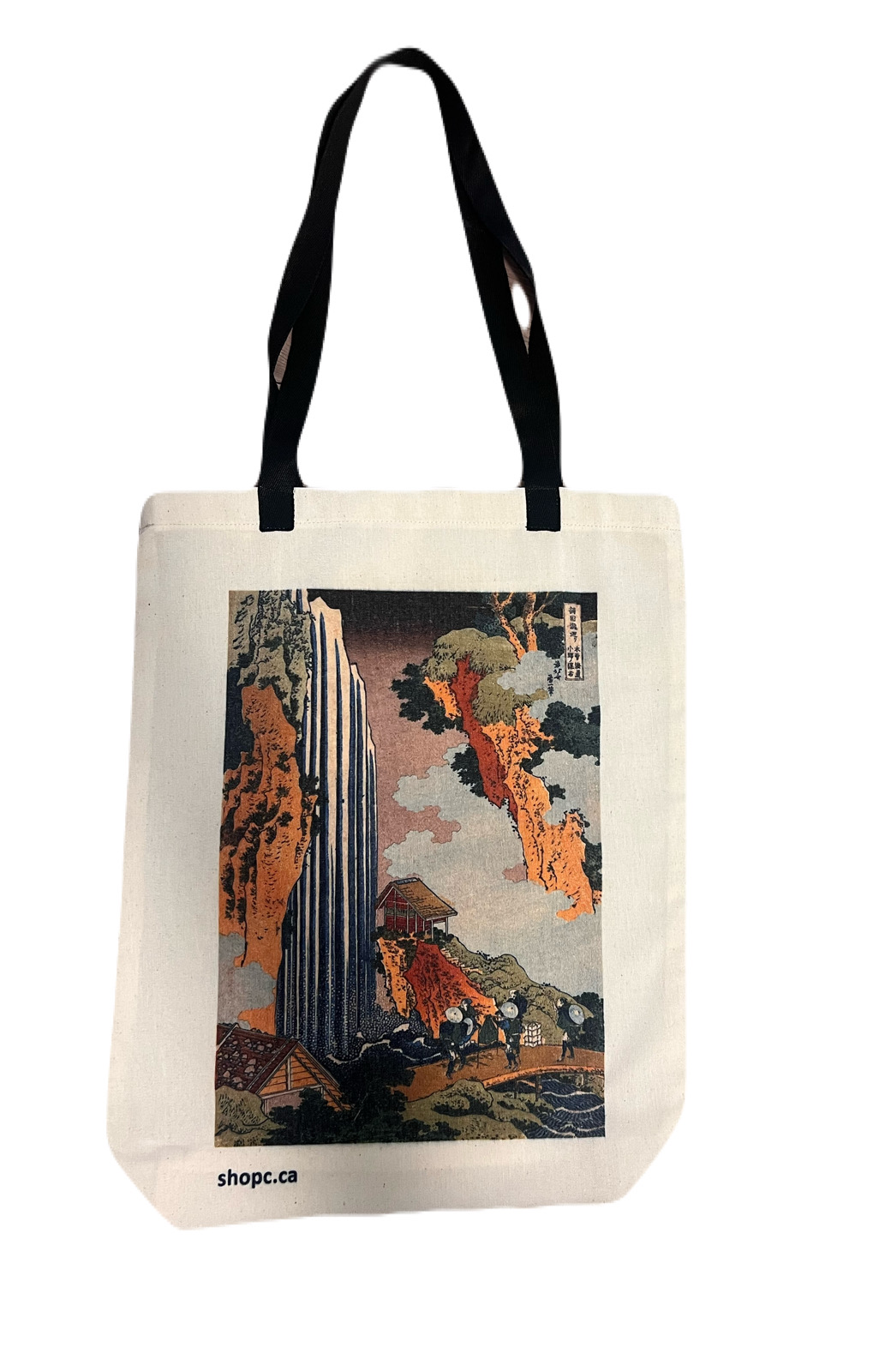 Tote bag featuring Hokusai’s Ono Waterfall, showing a large vertical waterfall surrounded by cliffs and small figures admiring the scene.