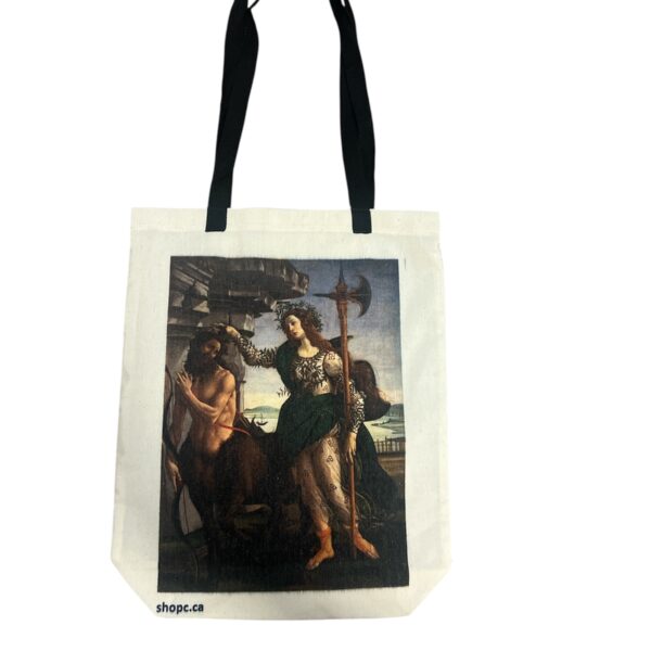 Natural cotton tote bag featuring Botticelli’s Pallas and the Centaur—a Renaissance painting of the goddess Athena restraining a centaur, symbolizing reason conquering chaos.