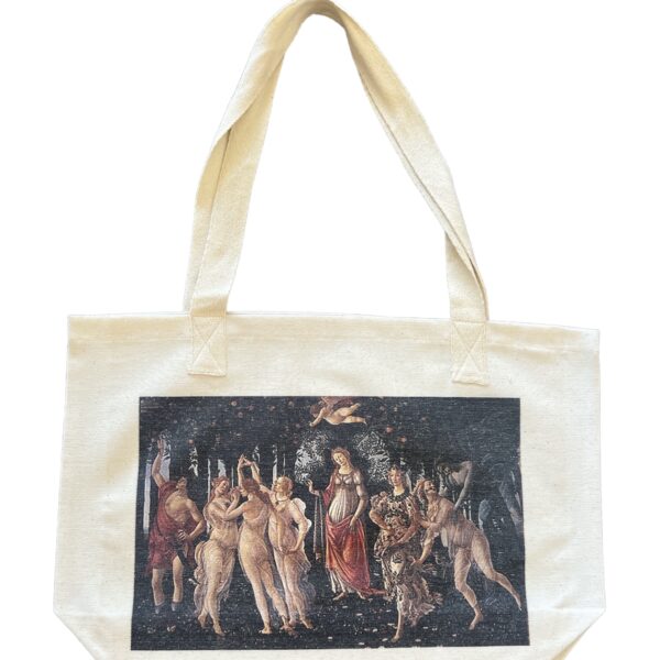 cotton tote bag featuring Botticelli’s Primavera—a detailed Renaissance painting with Venus, Flora, and mythological figures in a flowering grove.