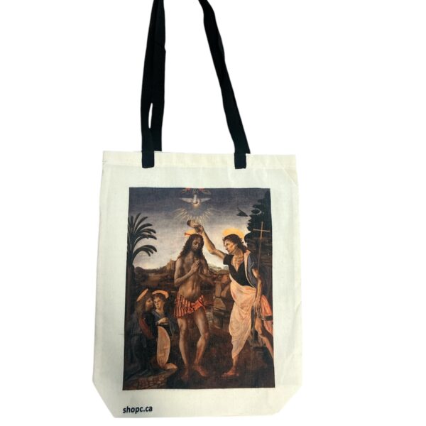 Tote bag featuring The Baptism of Christ painting, showing John the Baptist baptizing Jesus, with angels and divine light descending from above.