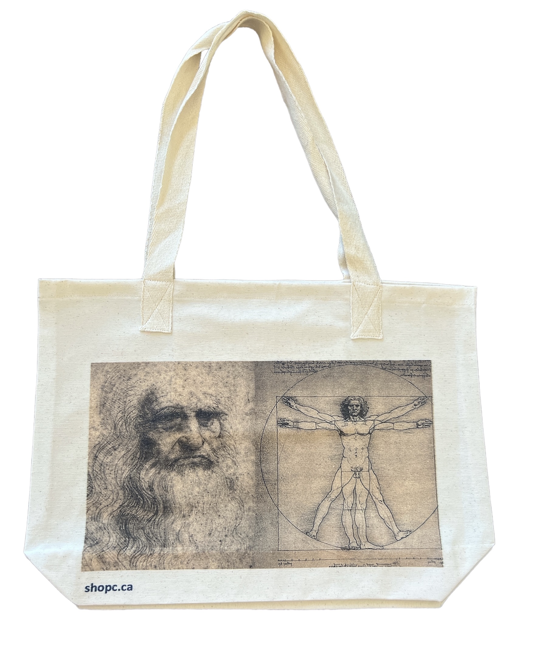 Tote bag featuring a combination of Leonardo da Vinci’s Vitruvian Man and his red chalk self-portrait, symbolizing proportion and personal reflection.